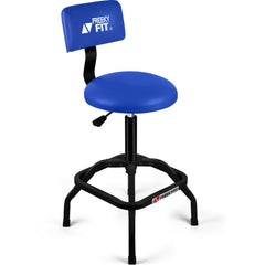 FreekyFit blue backrest shop stool providing ergonomic lumbar support for long tasks