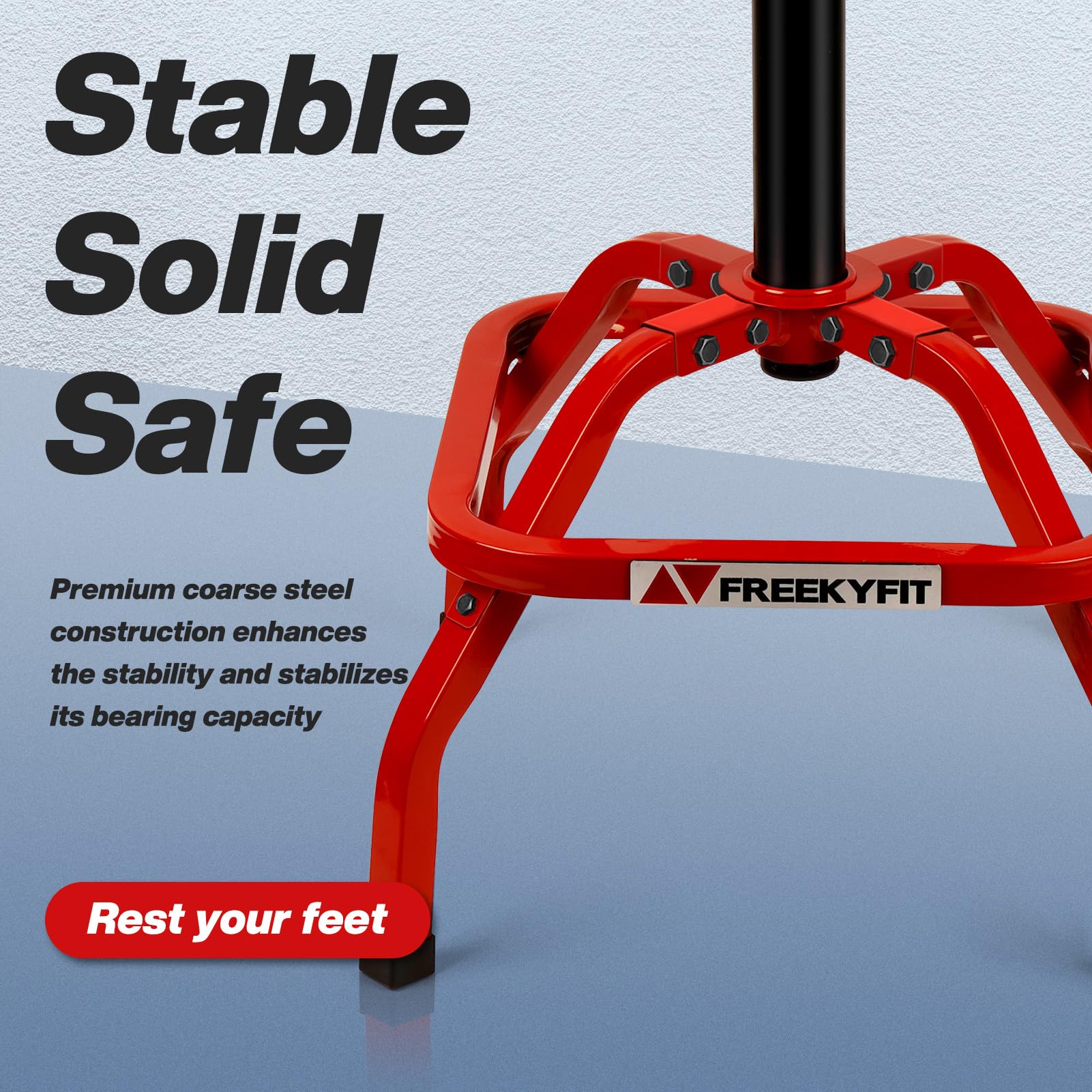 FreekyFit Shop Stool footrest design adds comfortable leg support.