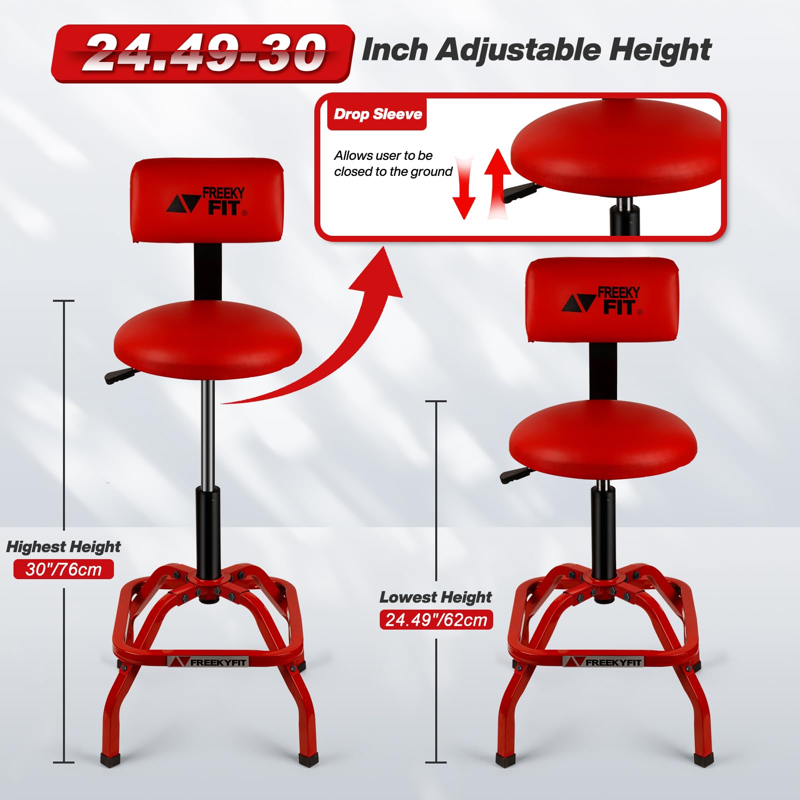 FreekyFit Shop Stool padded seat offers cushioned comfort for longer sessions.