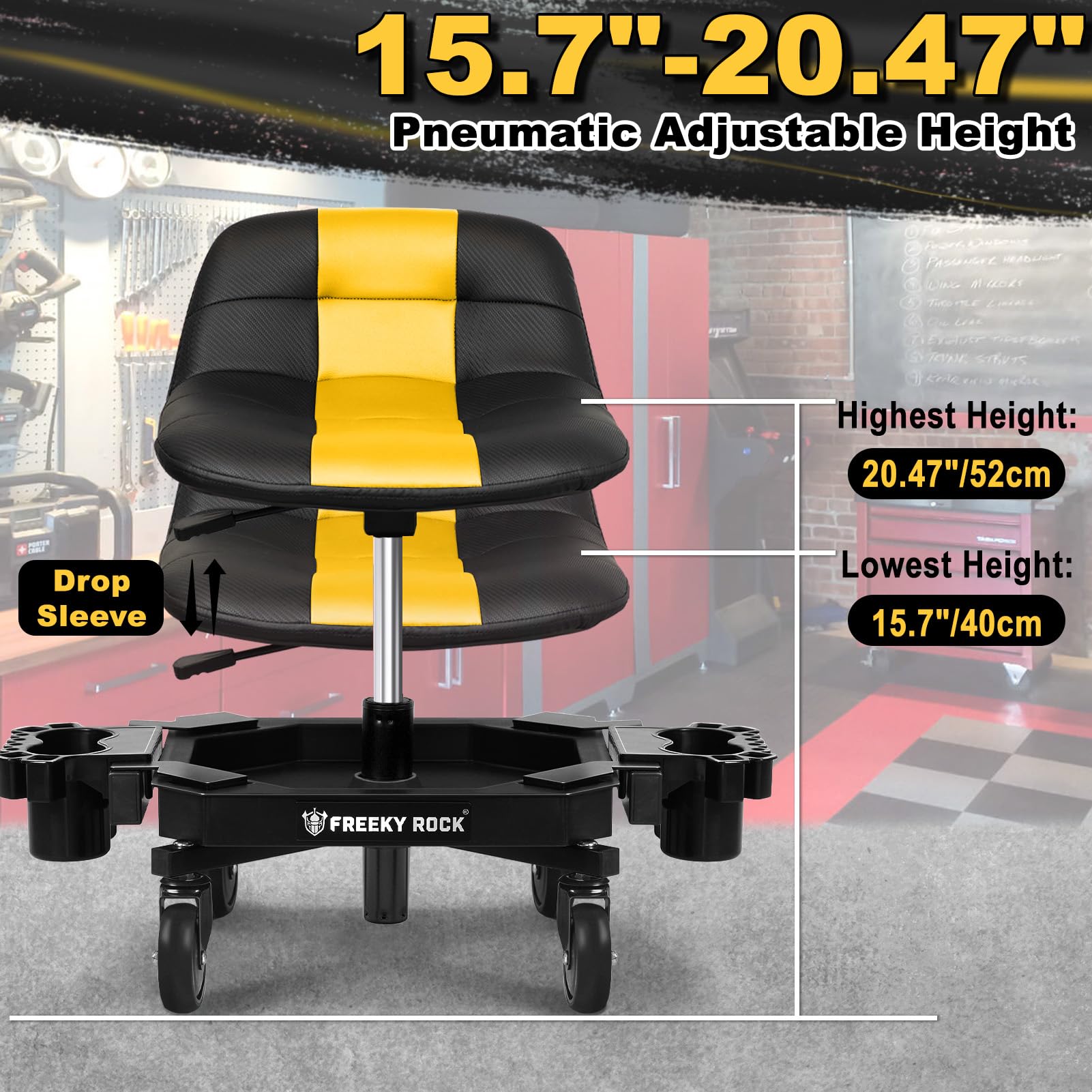 FREEKYROCK adjustable height stool showing pneumatic lift for tasks