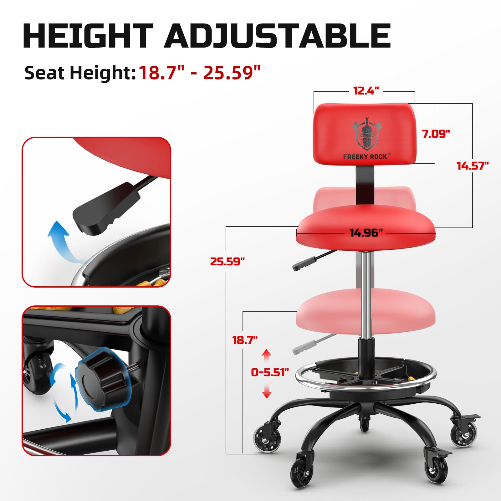 Freekyrock height-adjustable stool enabling ergonomic work at any bench.