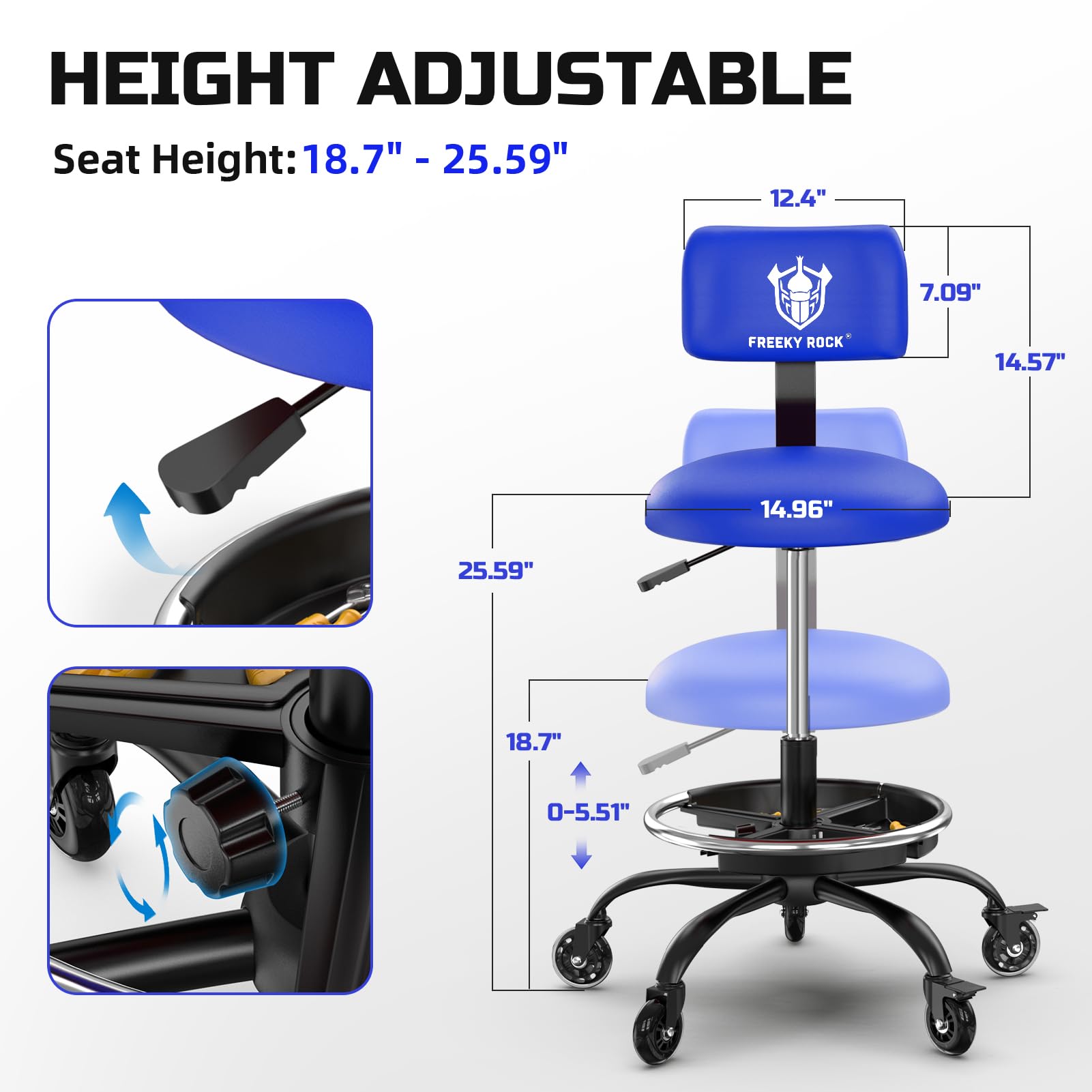 Freekyrock height-adjustable work stool supporting ergonomic tasks at varying counter heights.
