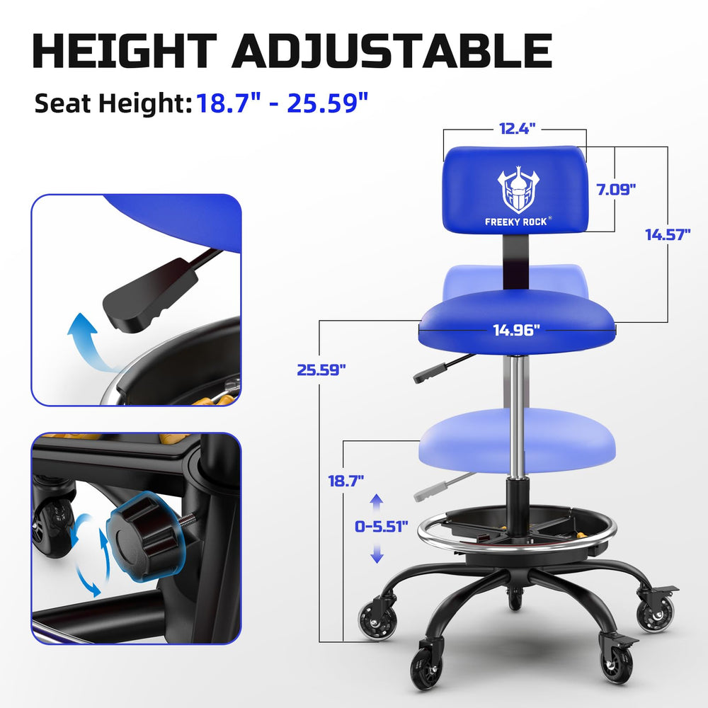 Freekyrock height-adjustable work stool supporting ergonomic tasks at varying counter heights.
