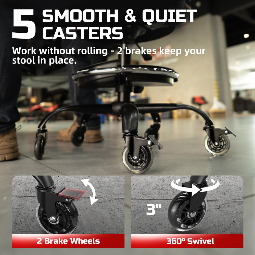 FREEKYROCK quiet five-caster system glides smoothly with controlled stops.