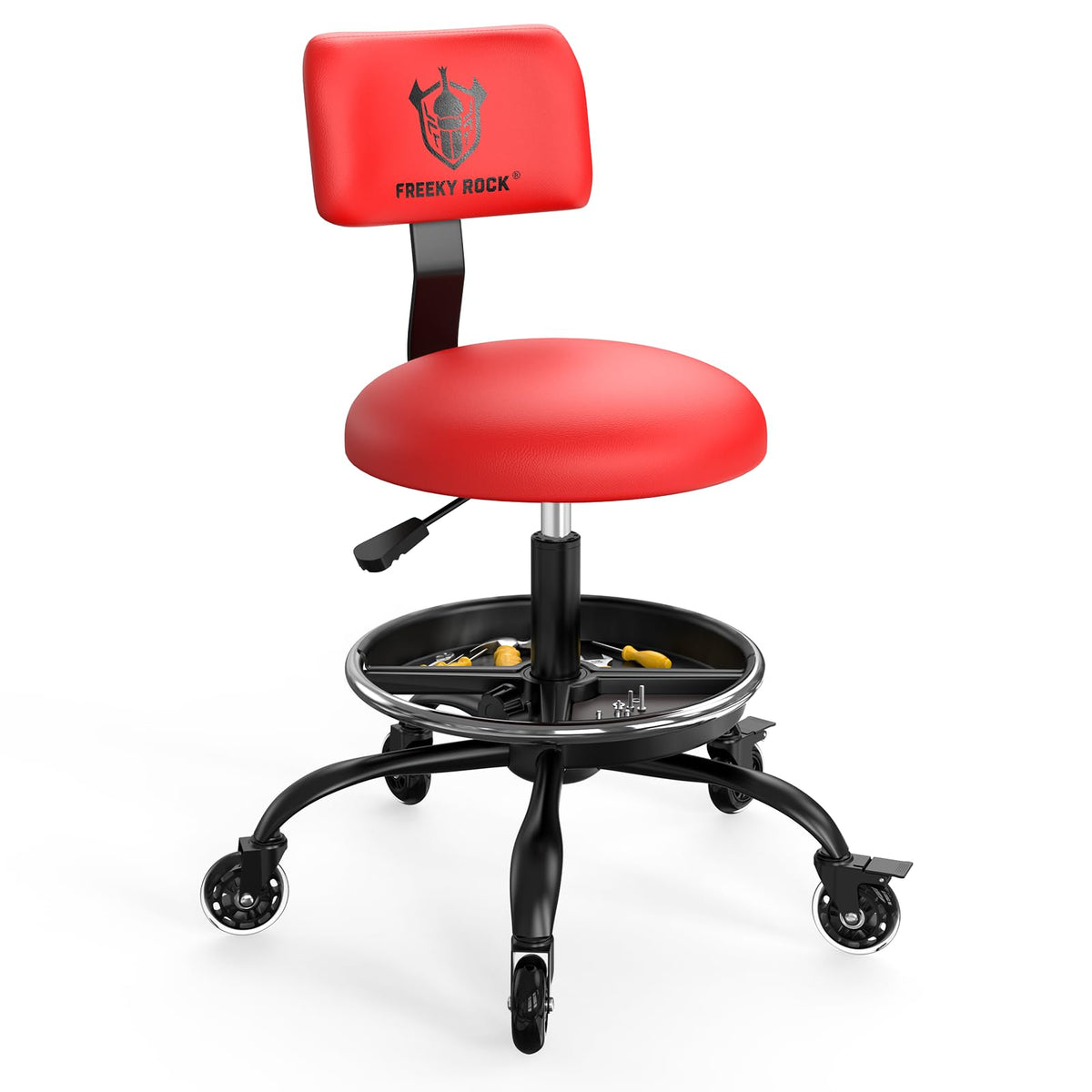 Freekyrock rolling shop stool with wheels for mobile workshop tasks.
