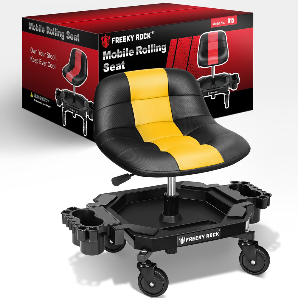 FREEKYROCK rolling stool front view for convenient garage use