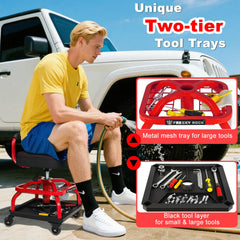 FREEKYROCK stool with under-seat tool trays helps keep parts organized.