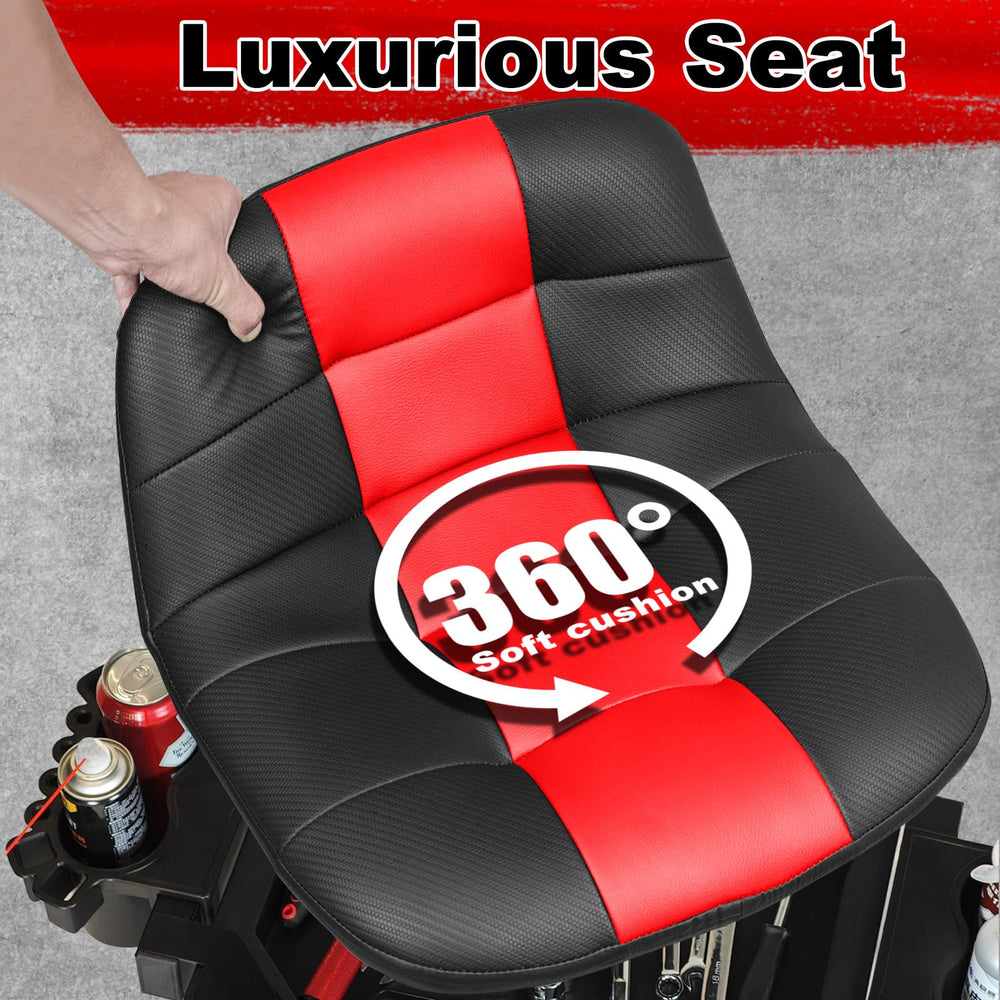 FREEKYROCK rolling stool backrest angle view highlights supportive seating