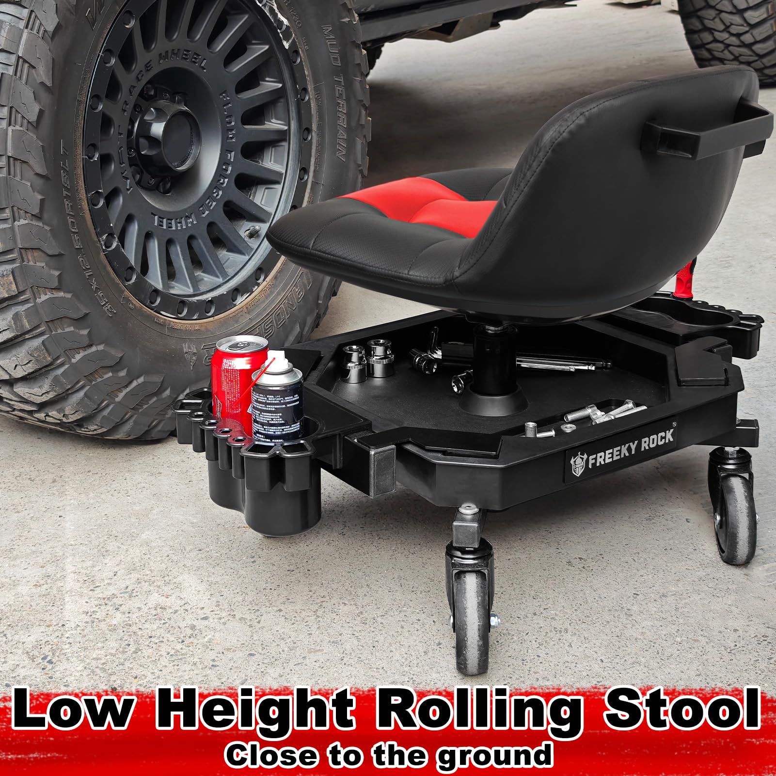 FREEKYROCK rolling stool red color enhances workshop aesthetic