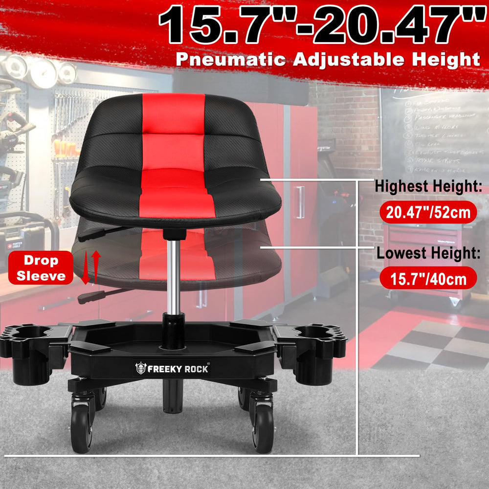 FREEKYROCK rolling stool side view emphasizes ergonomic backrest for comfort