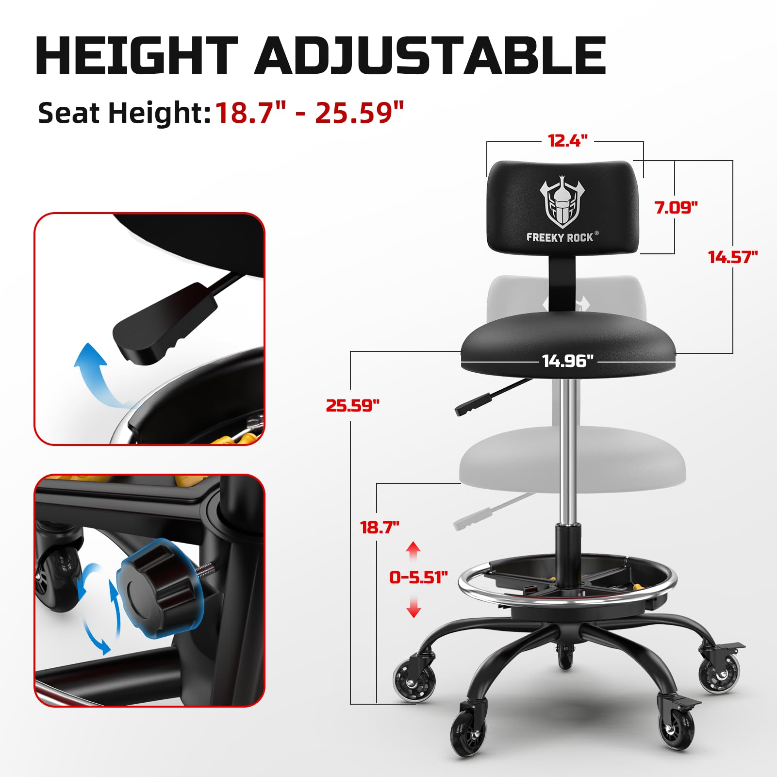 FREEKYROCK ergonomic backrest supports long repair sessions.