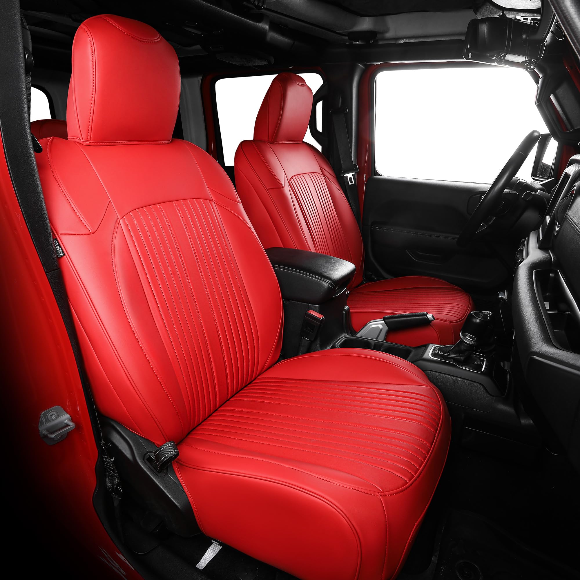 FREESOO Jeep Gladiator front seat cover closeup, premium waterproof faux leather, easy wipe-clean.