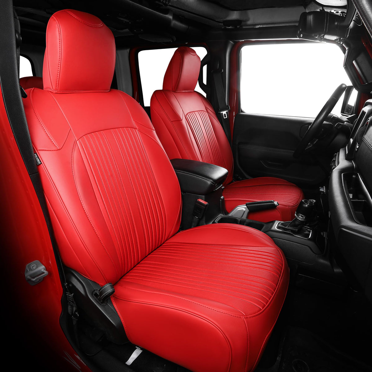 FREESOO Jeep Gladiator front seat cover closeup, premium waterproof faux leather, easy wipe-clean.