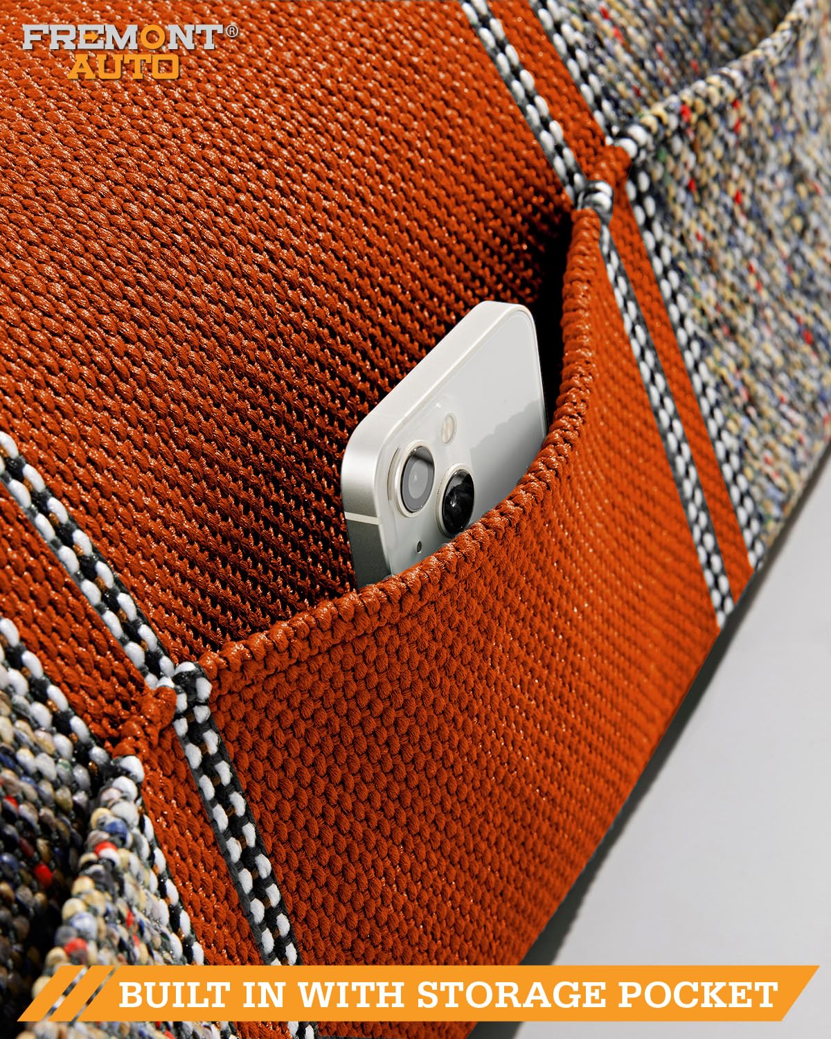 FREMONT AUTO Baja Saddle Seat Cover orange easy installation with hook-and-loop fasteners.