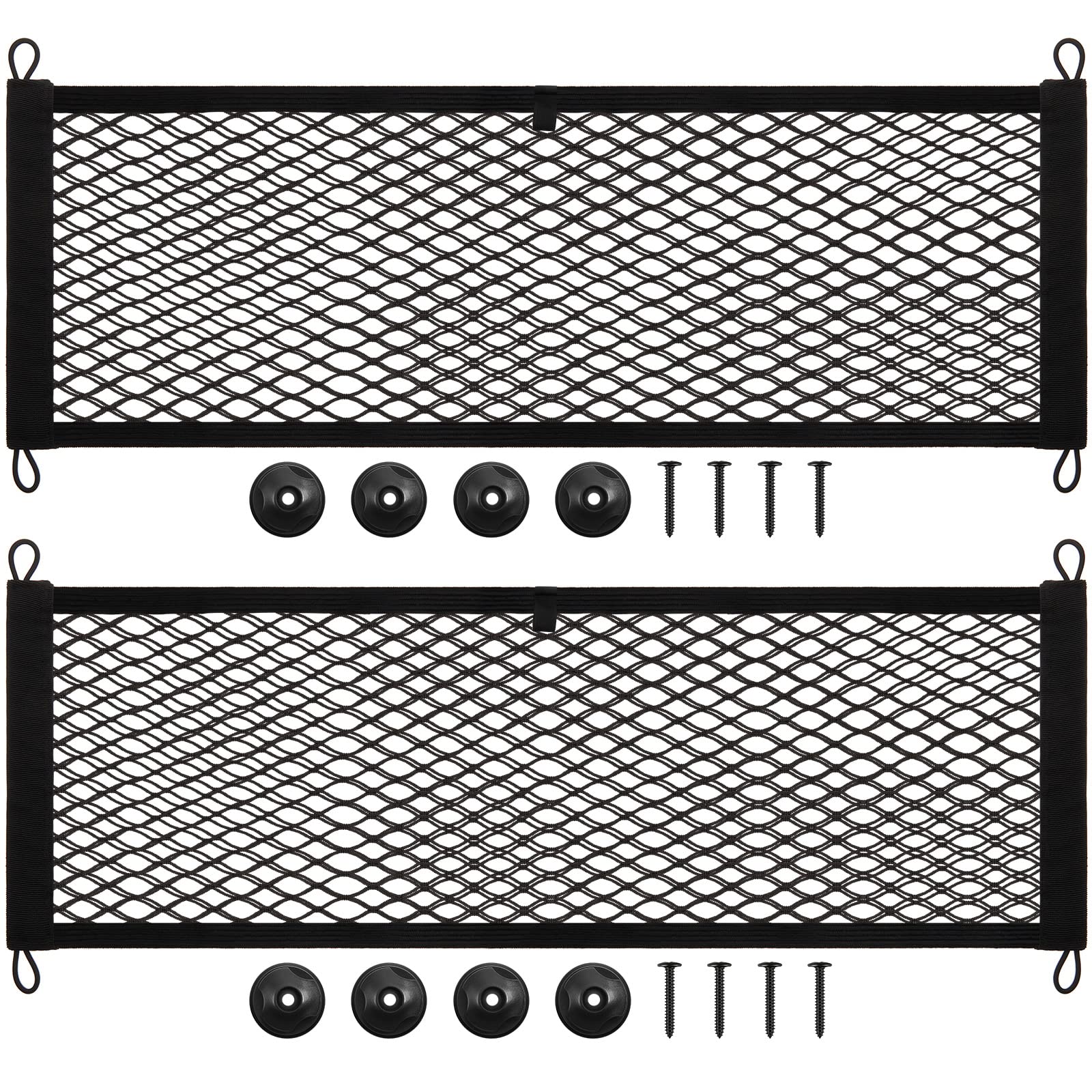 Frienda cargo net with hooks and screws for secure car storage.