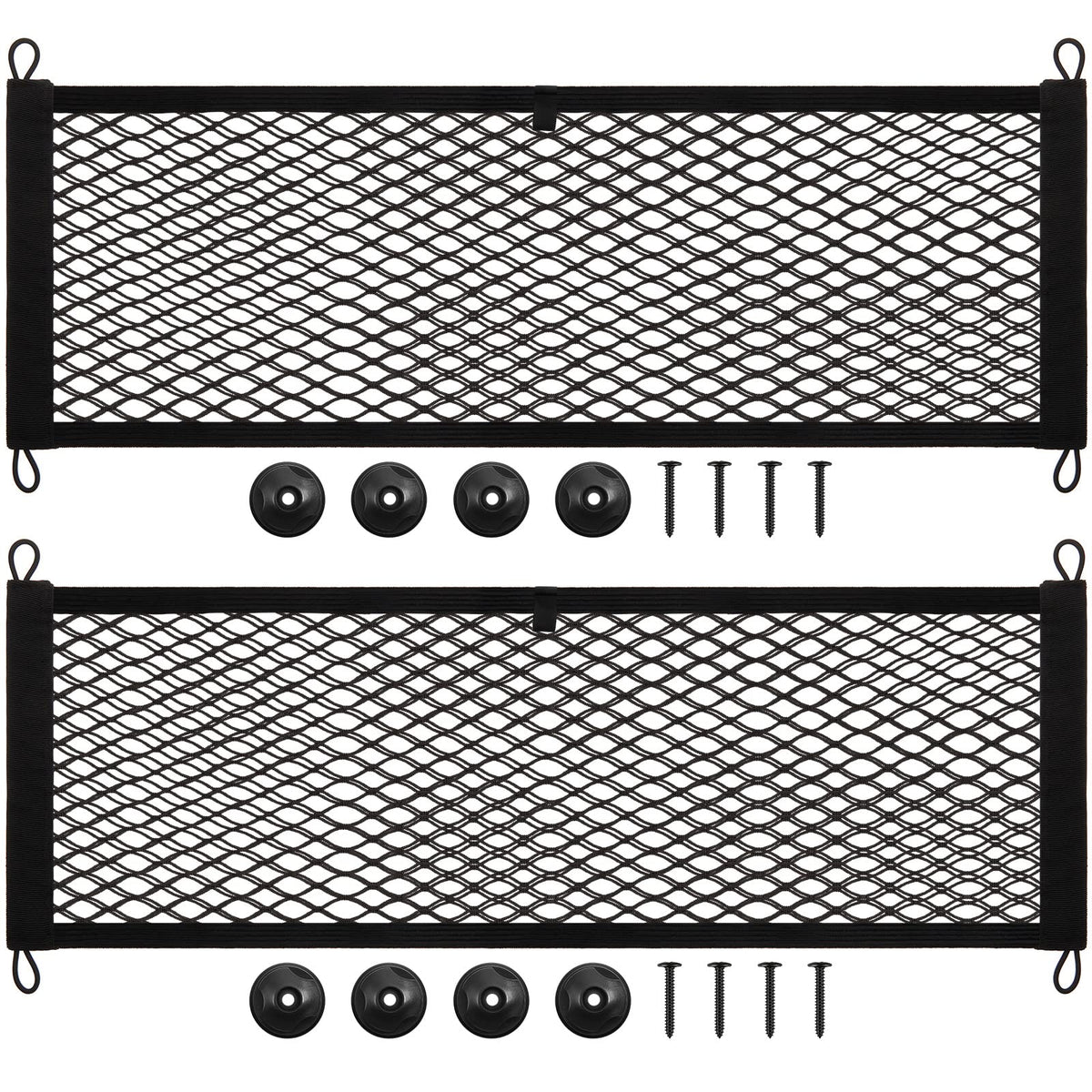 Frienda cargo net with hooks and screws for secure car storage.