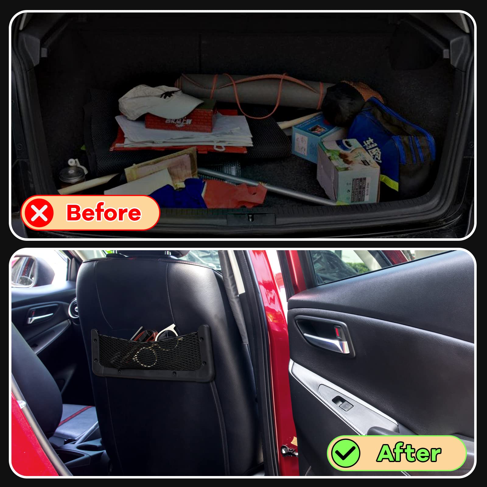 Frienda frame mesh pocket organizing snacks and drinks in car