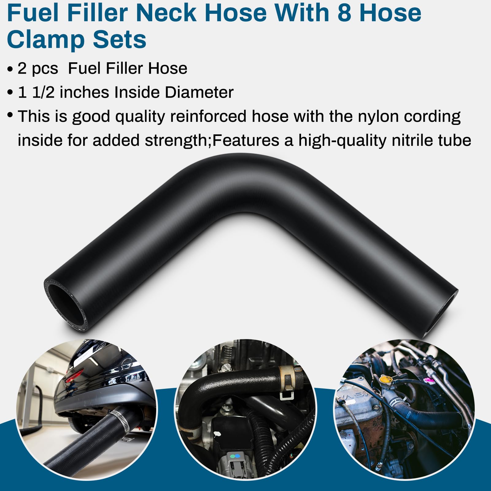 Frienda fuel filler hose length close-up shows 15-7-8 inch reach