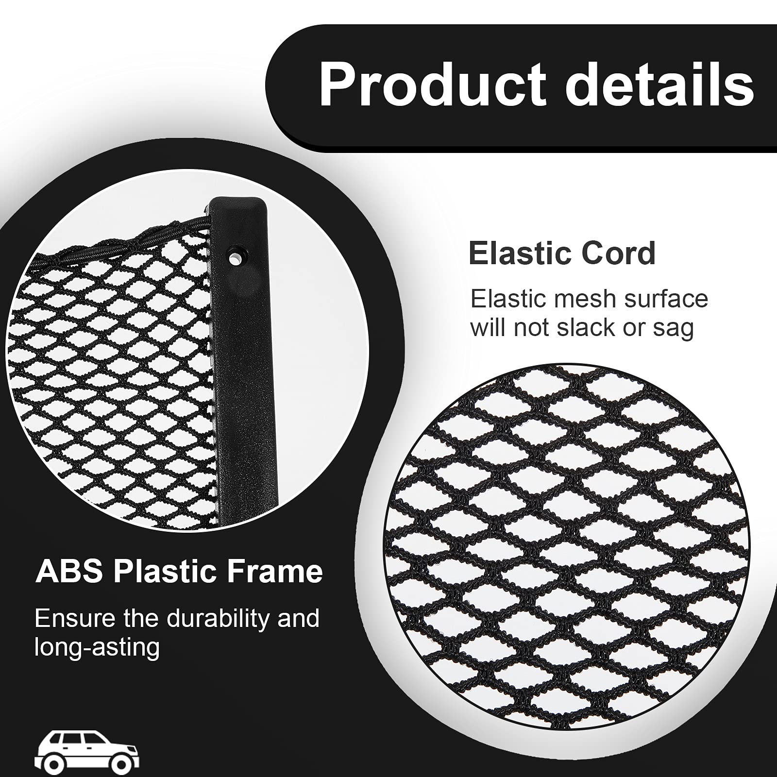 Frienda vehicle organizer mesh pocket in use to hold cables and snacks.