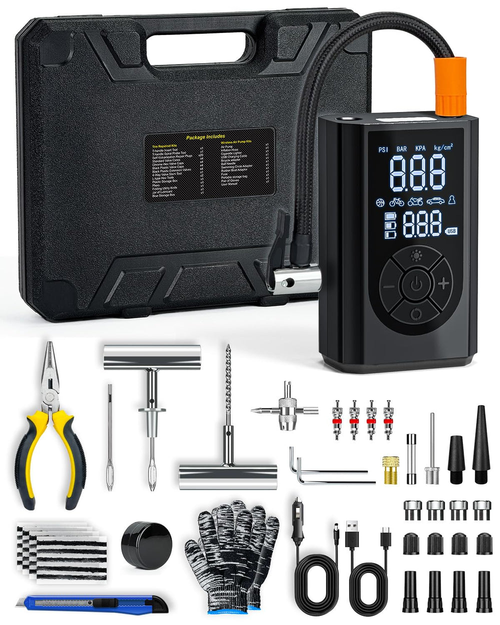 FRIWOLE tire repair kit contents displayed for on-the-go car maintenance.