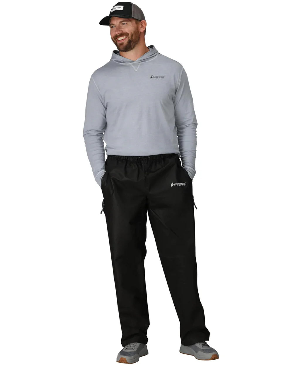 Frogg Toggs Bull Frogg Pant front view showing fit for outdoor activity