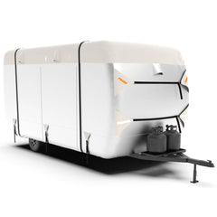 FRUNO travel trailer cover top view showing weatherproof protection