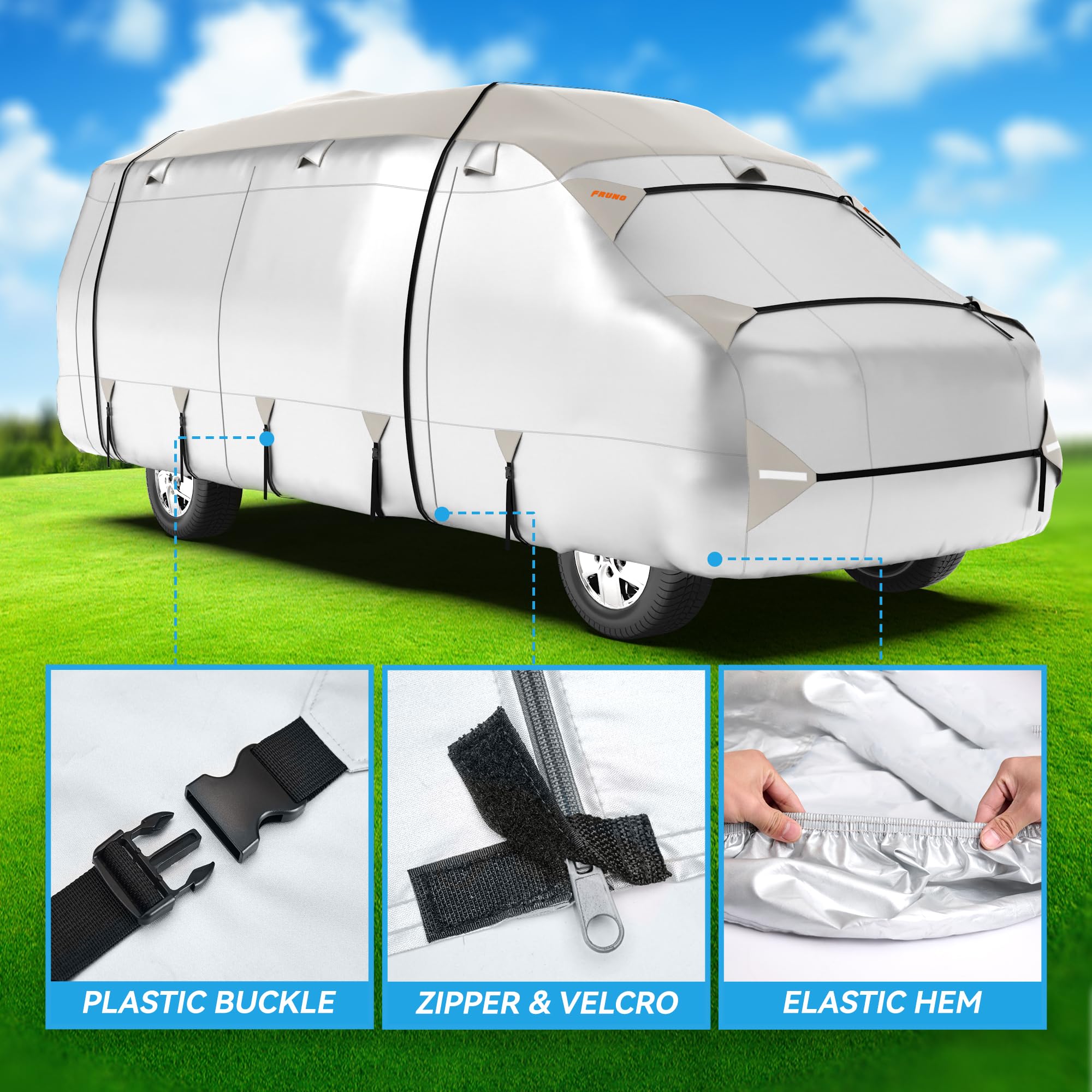 FRUNO RV cover with tire covers protecting wheels during storage
