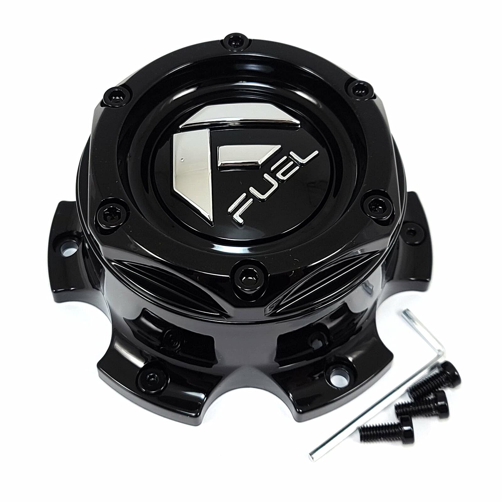 Fuel Offroad cap bolt-on for Blitz wheel, gloss black with chrome logo, enhances wheel aesthetics