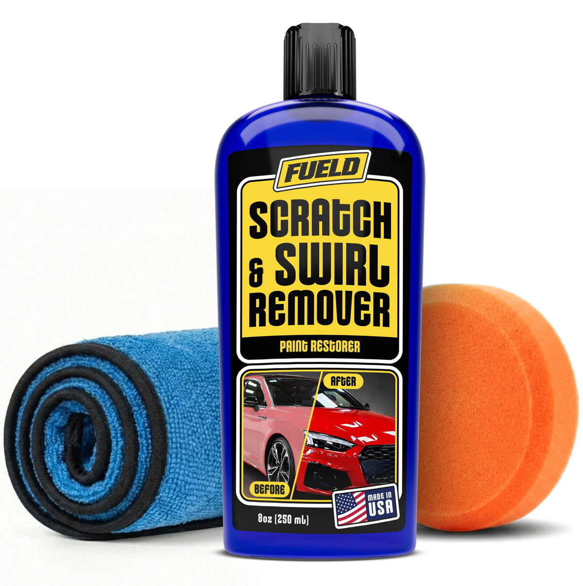 Fueld Scratch Remover bottle close-up, ready for safe scratch repair.