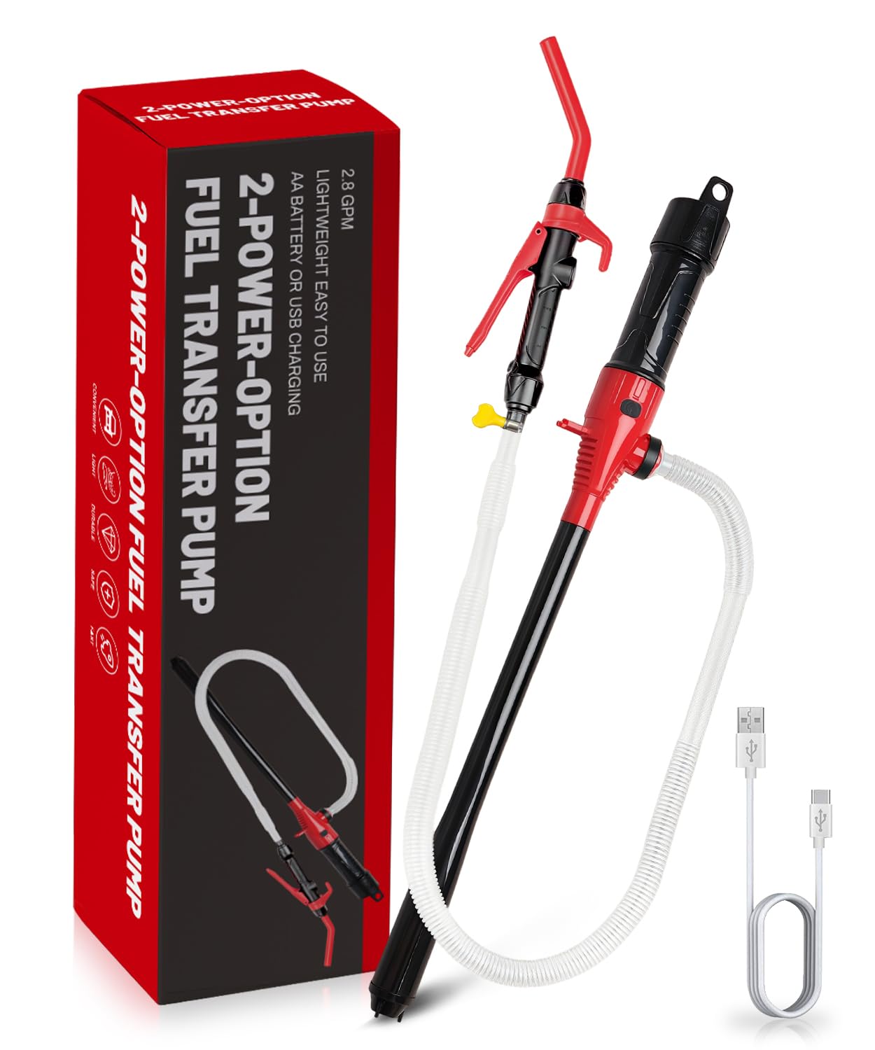 Fuelio electric USB fuel transfer pump in red for quick, cordless fueling.