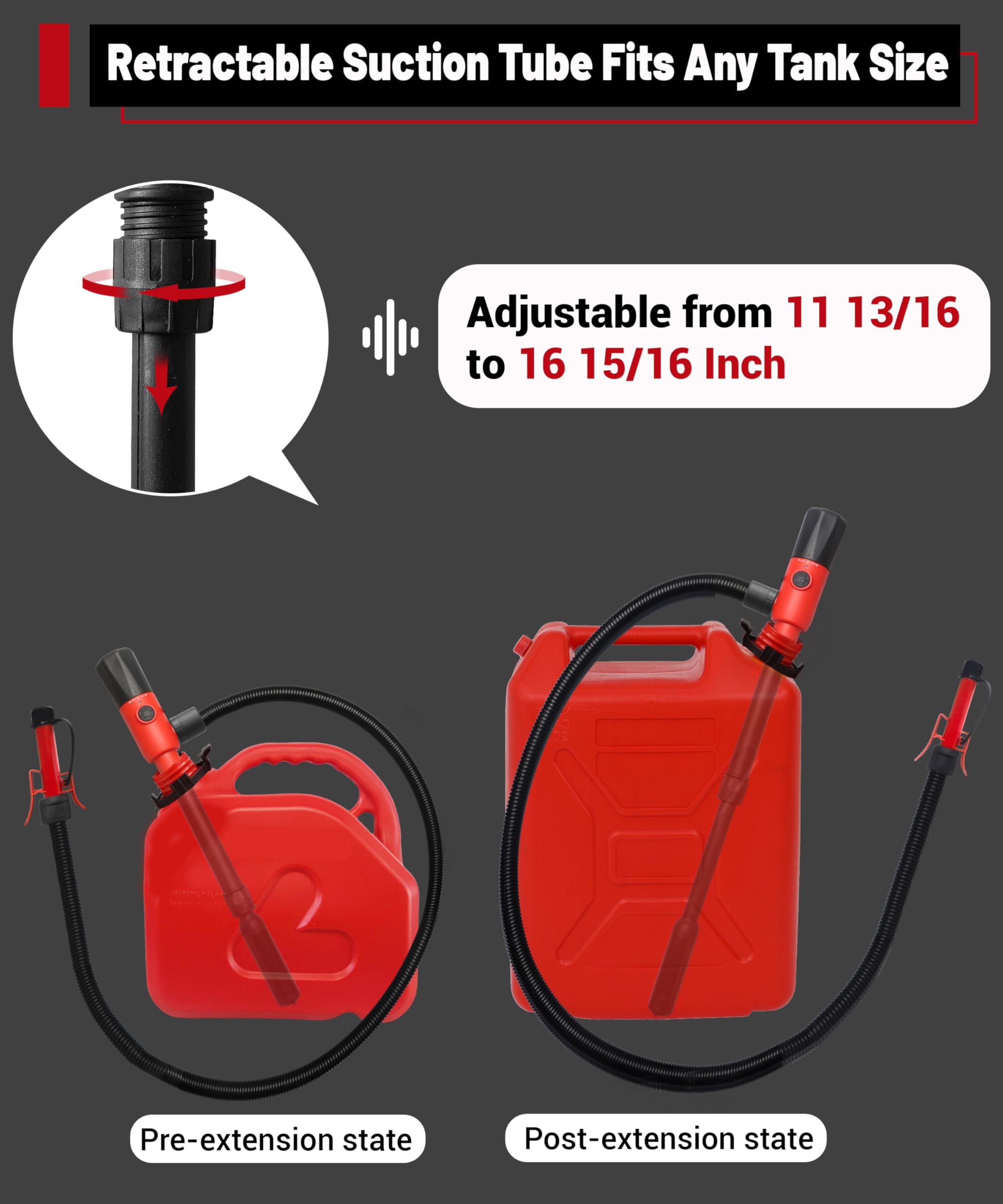 Fuelio pump adjustable retractable intake pipe for various containers