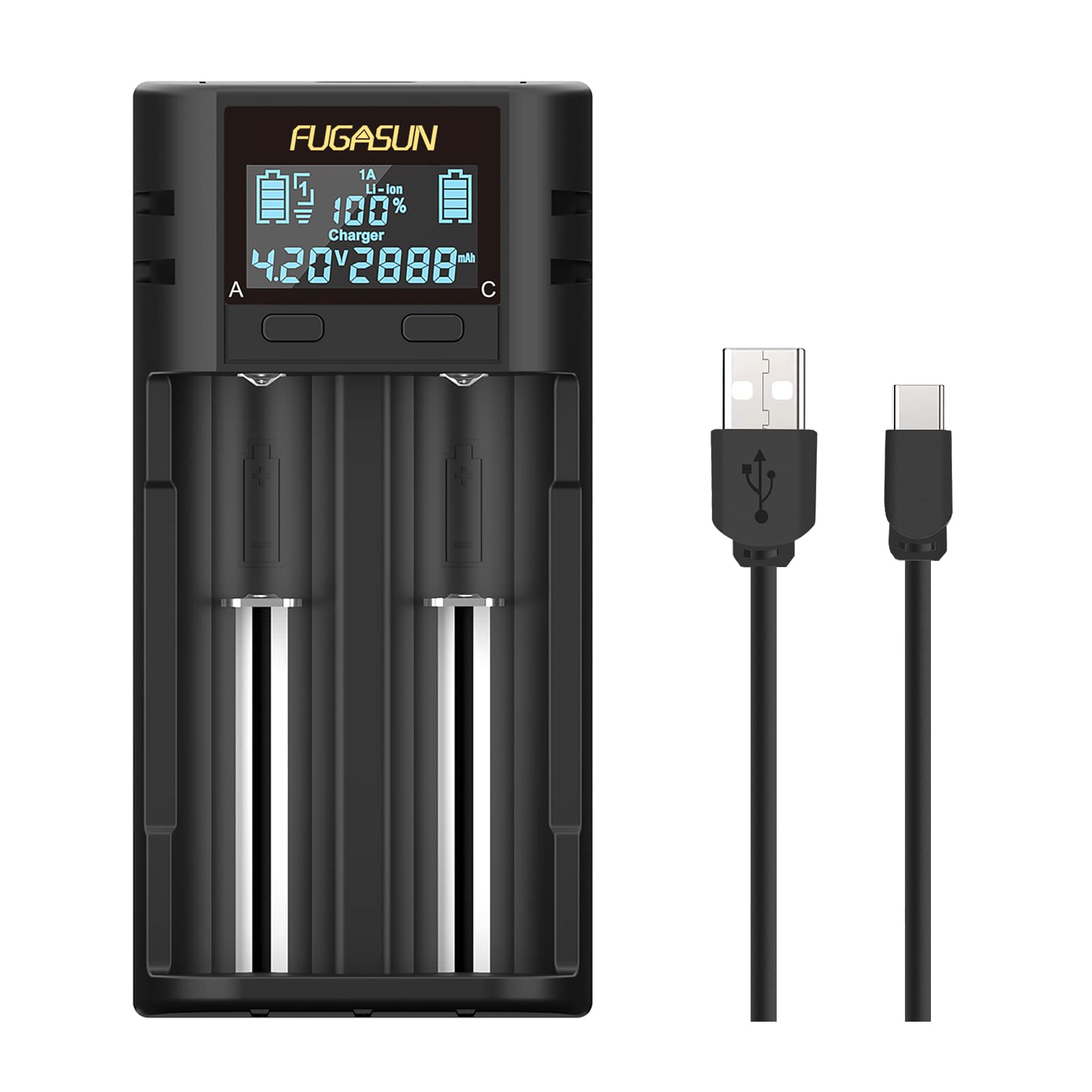 FUGASUN 21750/21700/18650 battery charger front view for home use