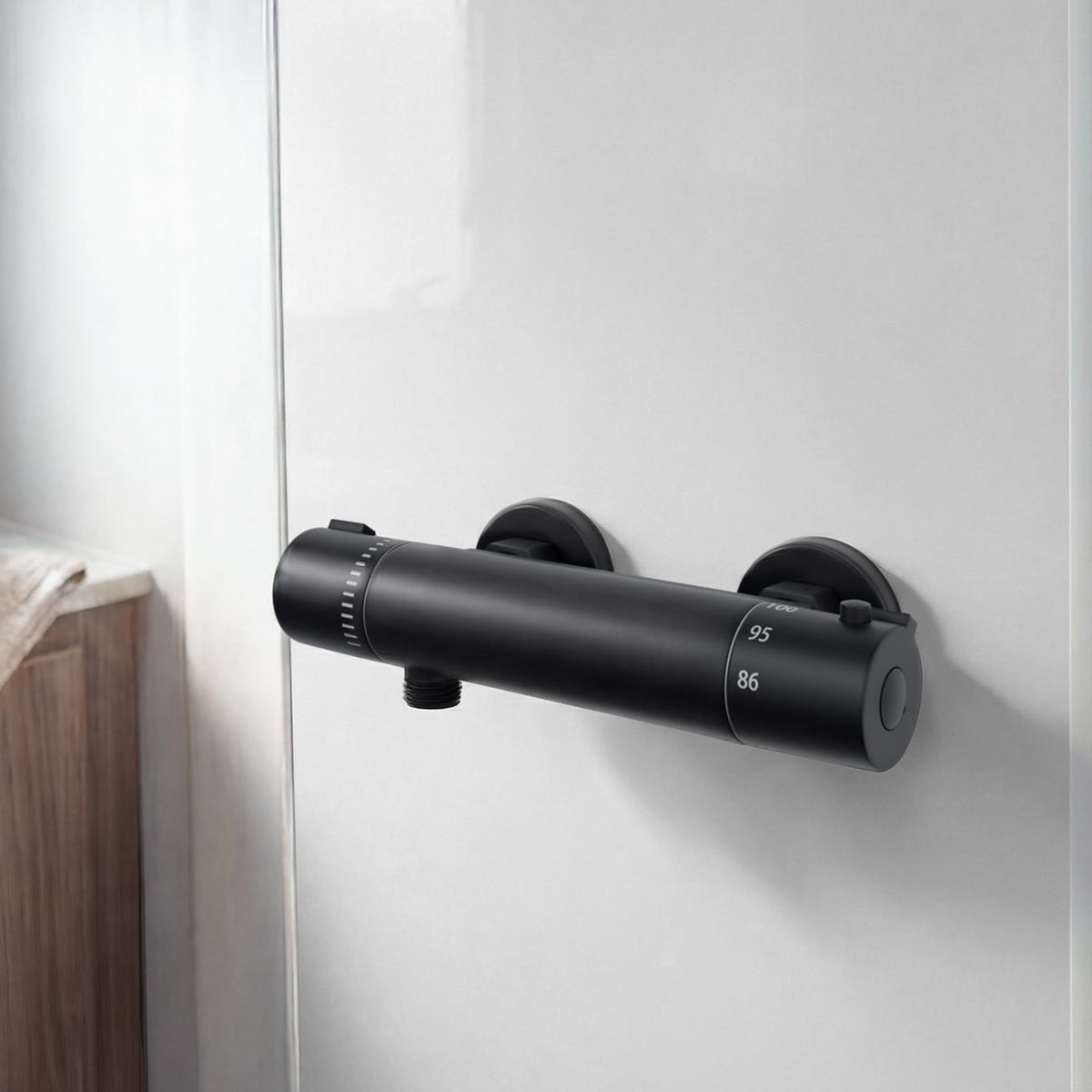 FUGO black thermostatic RV shower valve front view highlighting durable brass construction.