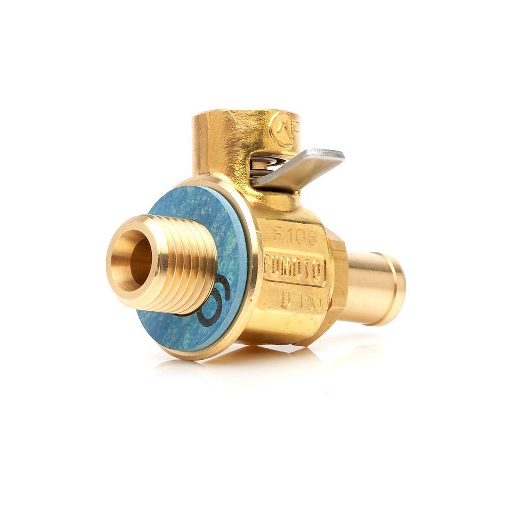 Fumoto F107N golden FN-Series valve close-up showing durable finish.