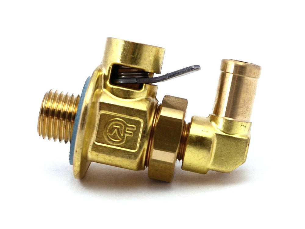 Fumoto F316L valve with 90-degree L-nipple and bronze finish enables fast, clean oil drainage.