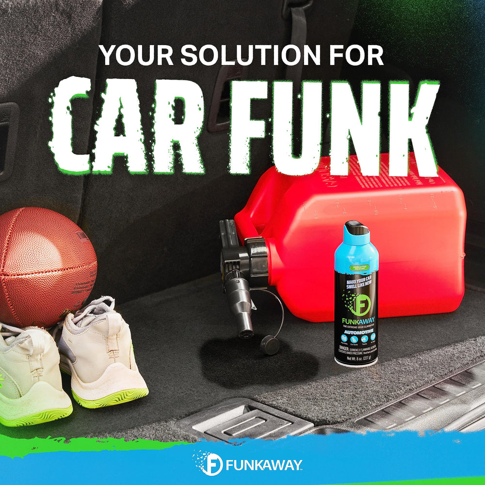 FunkAway Car Deodorizer Spray applied to car seat for long-lasting interior freshness