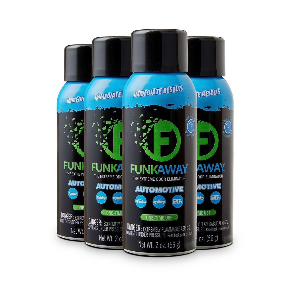 FunkAway full-release spray bottle inside a car for lasting odor control.