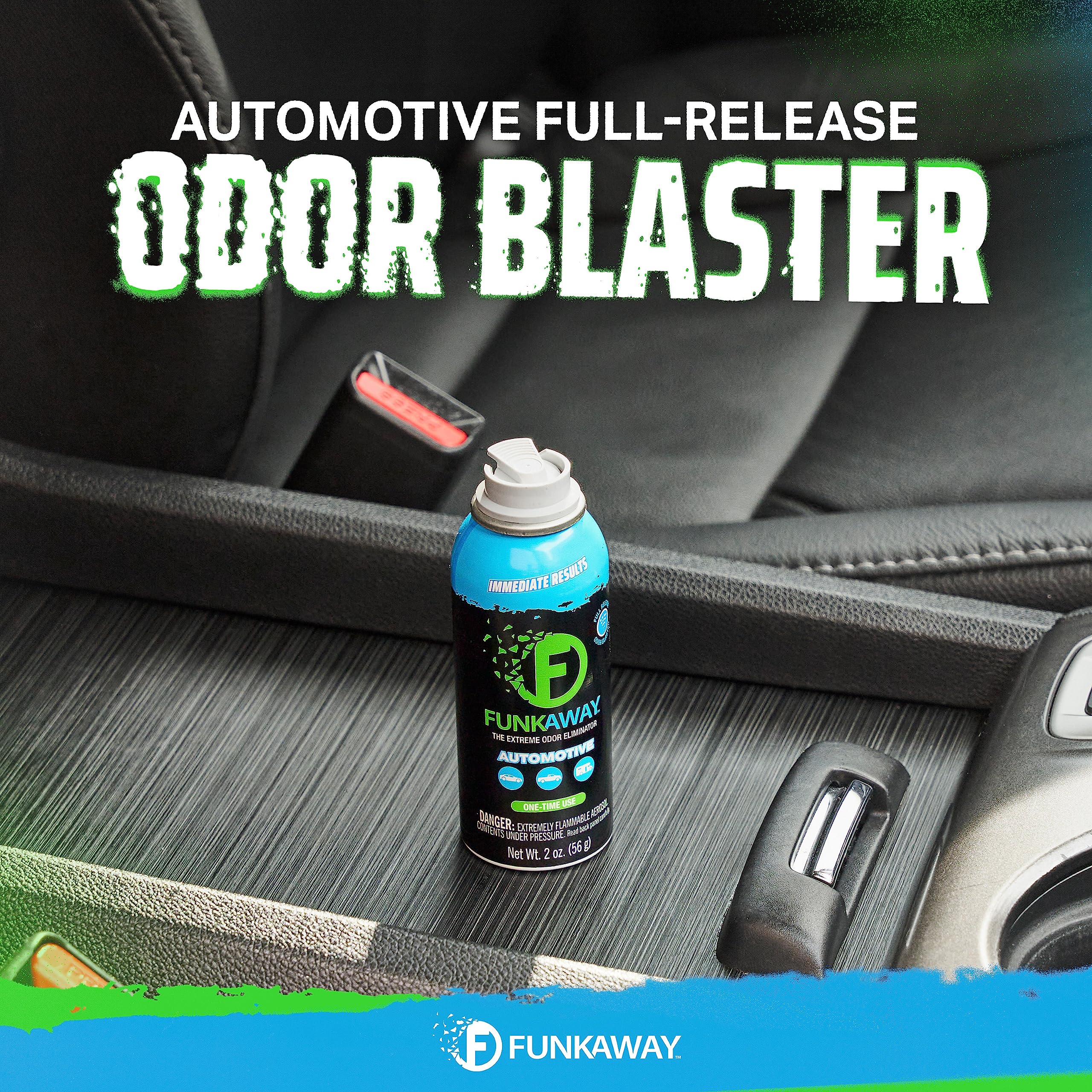 FunkAway OM Complex close-up showing odor-neutralizing formula for car interiors.