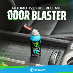 FunkAway OM Complex close-up showing odor-neutralizing formula for car interiors.