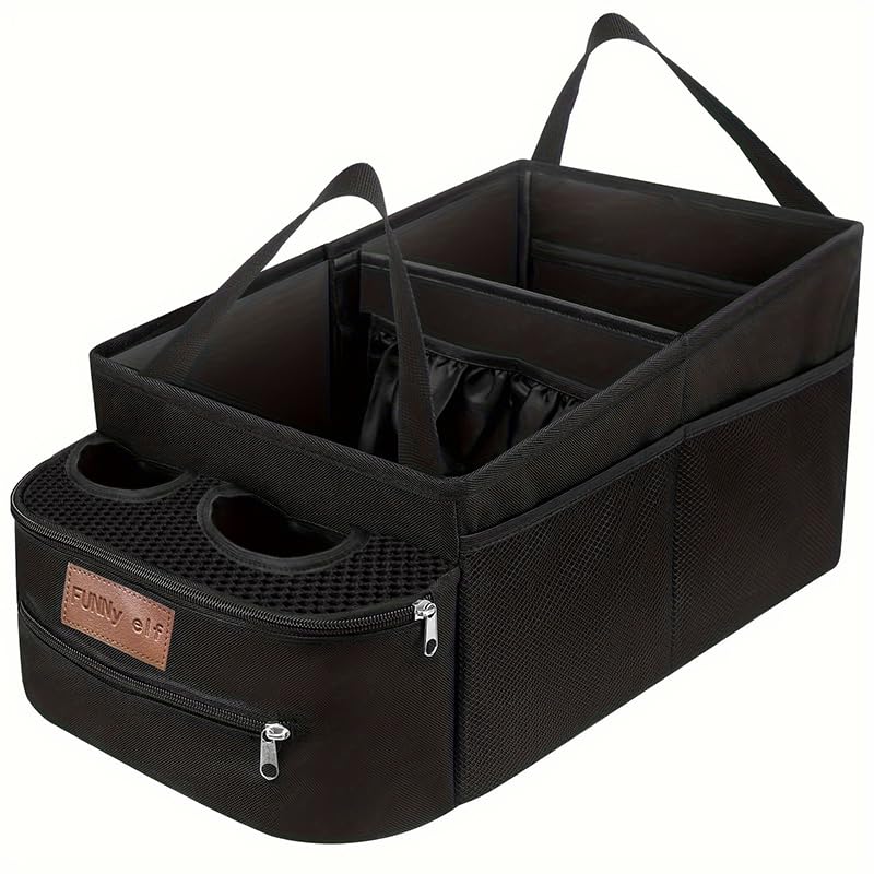 FUNNy elf backseat organizer folded view shows compact storage and quick setup.