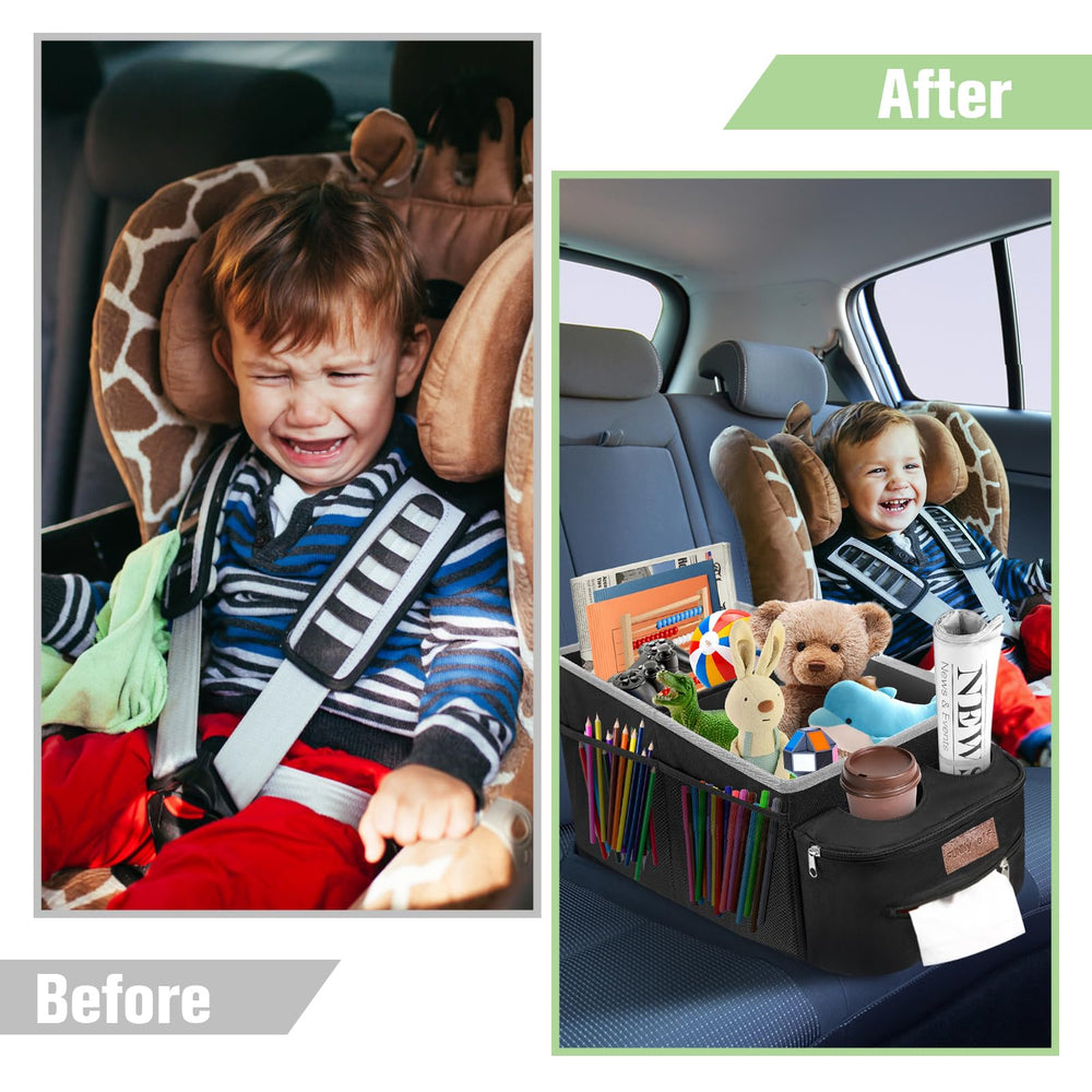 FUNNy elf car seat organizer includes two external cup holders for drinks