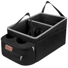 FUNNy elf car seat organizer on the front seat with cup holders for easy reach of drinks