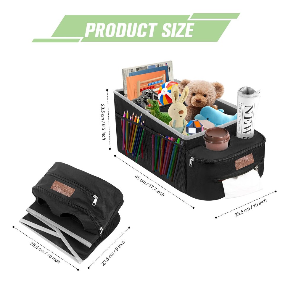 FUNNy elf car seat organizer on the passenger seat with pockets for toys and snacks