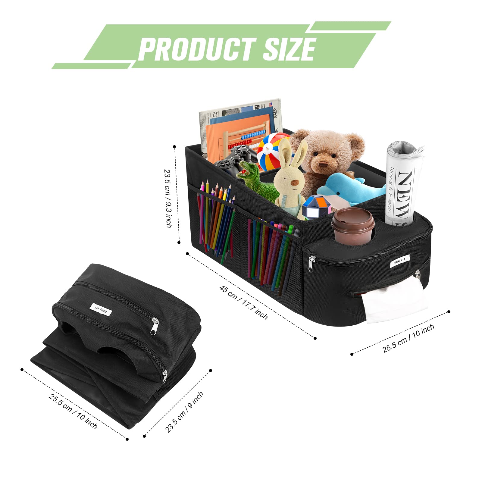 FUNNy elf car-seat organizer side view showing cup holders and pockets