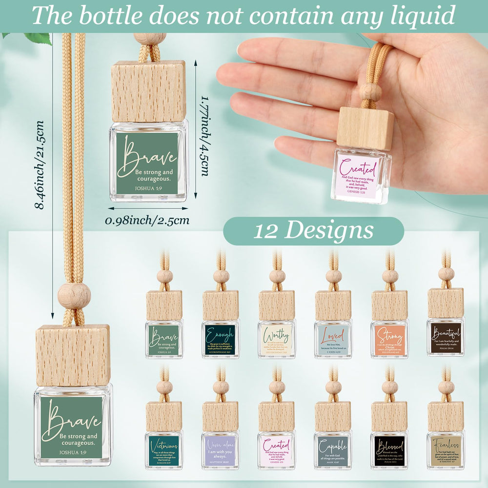 Funnymoom diffuser bottles showcasing 12 faith-inspired designs for personal or church events.