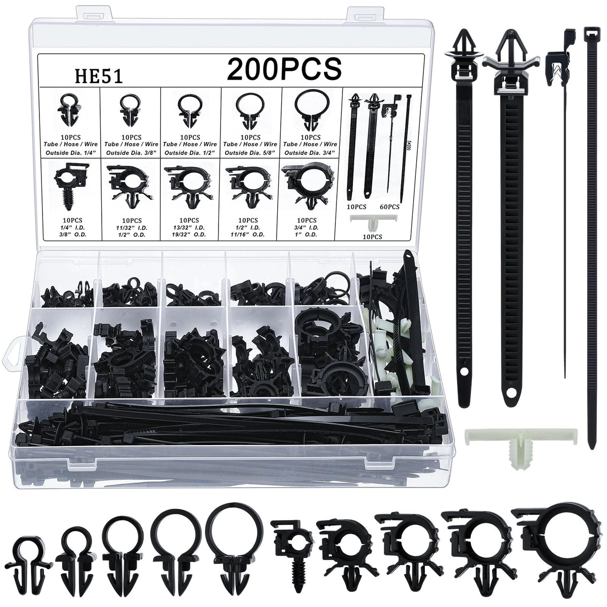 Funnymoom 200pc car wire loom clips kit in a clear box for organized installation.