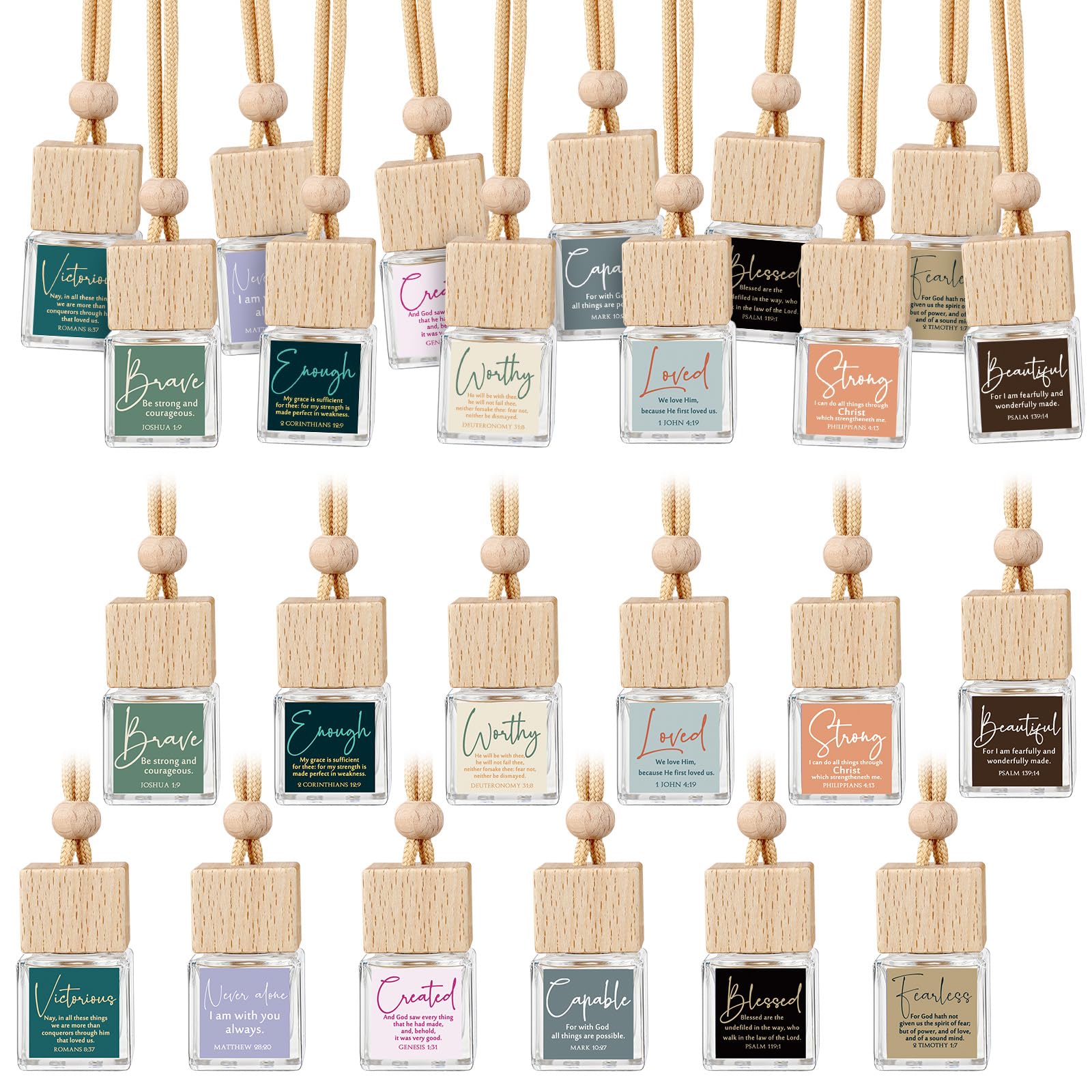 Funnymoom 24-pack Christian diffuser bottles on display for gifting and bulk aromatherapy.