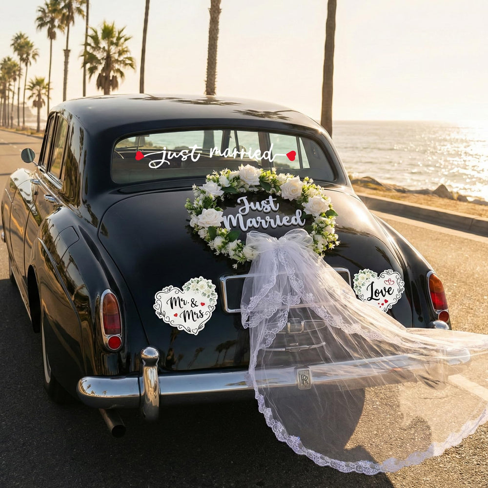 Funtinshdy cascading lace tulle veil creates gentle motion along the car trunk