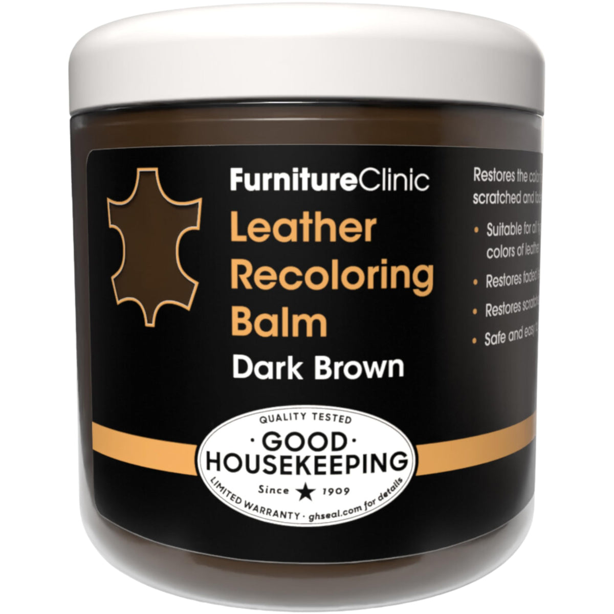 Furniture Clinic dark brown leather dye balm bottle demonstrates color restoration for worn leather