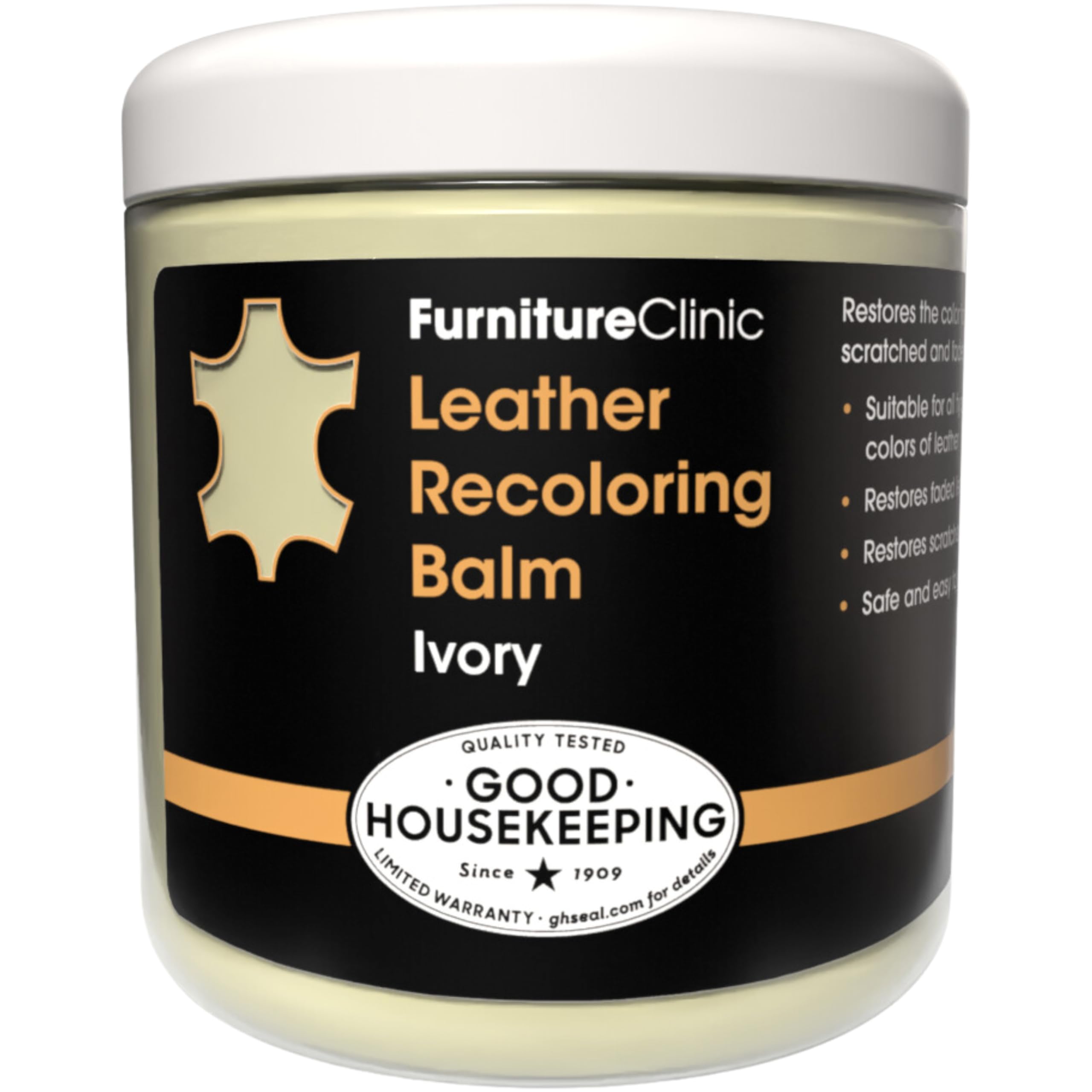 Furniture Clinic ivory leather recoloring balm bottle, restoring faded upholstery.